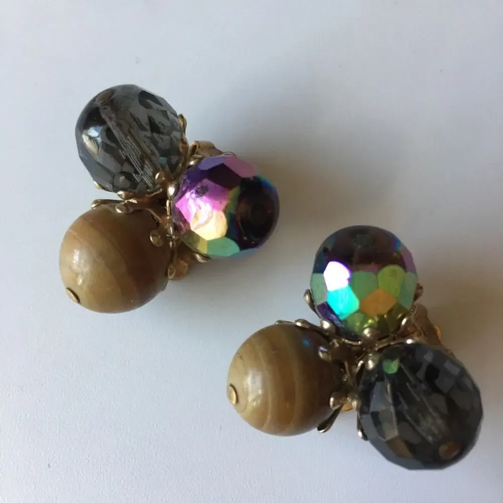 Earth tone large bead cluster clip-on earrings